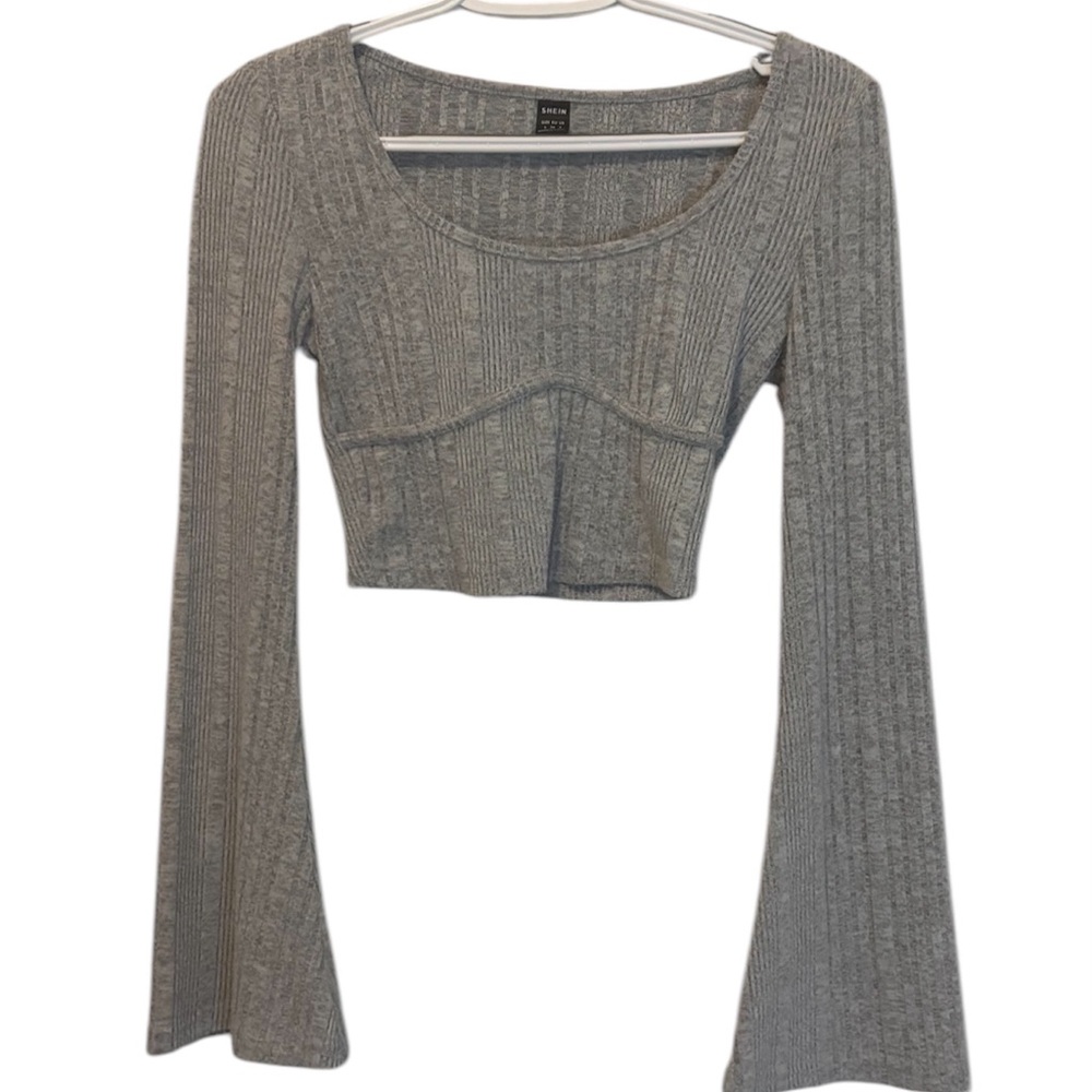 Gray Ribbed Long Bell Sleeve Crop Top